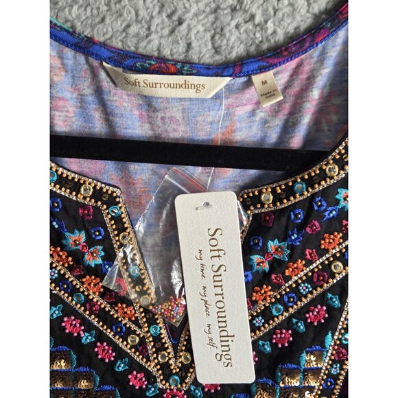 Soft Surroundings Top Womens M Blue Tamuri Embroidered Beaded Tunic Boho Hippie - Picture 9 of 11
